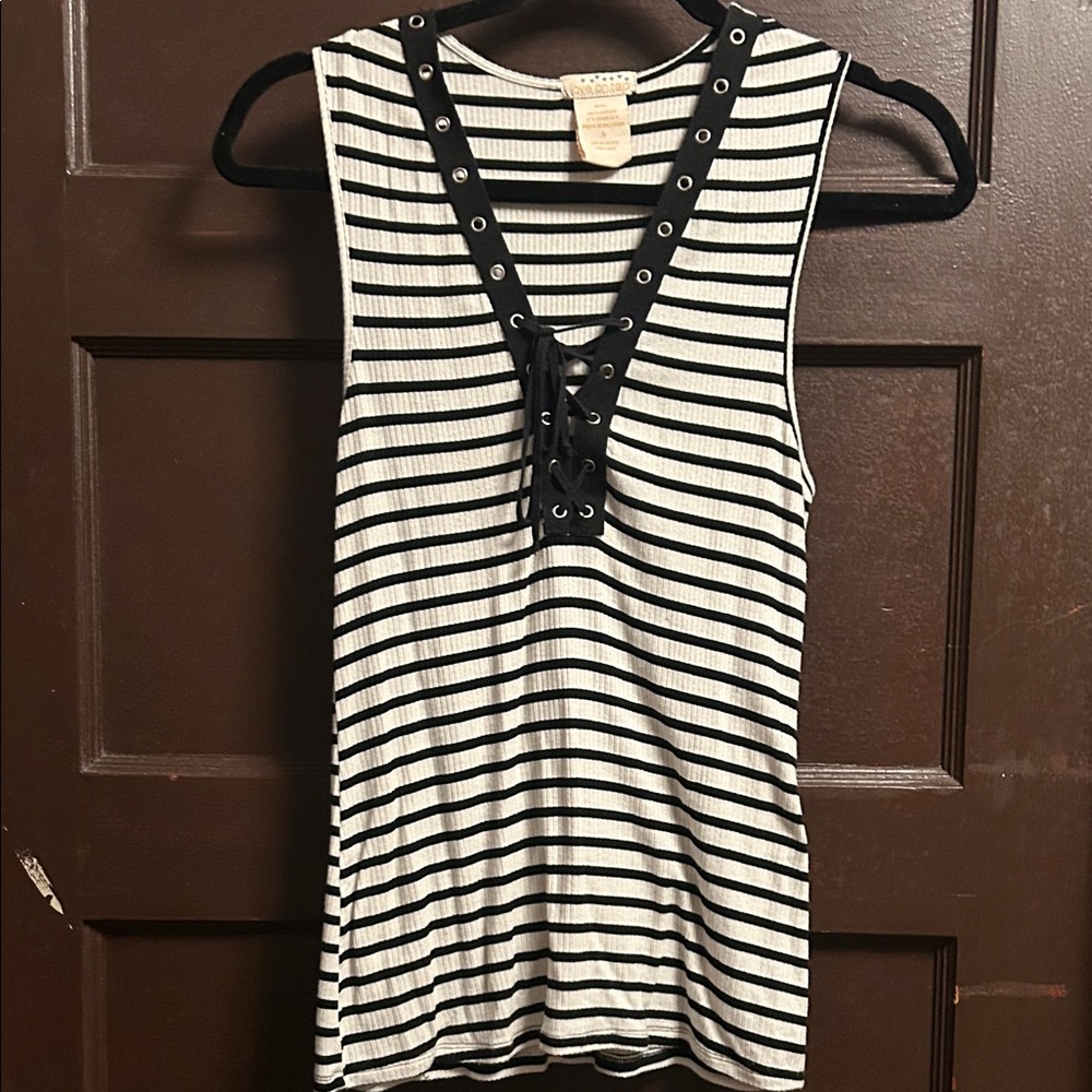 Black and White Striped Lace-Up Tank Top